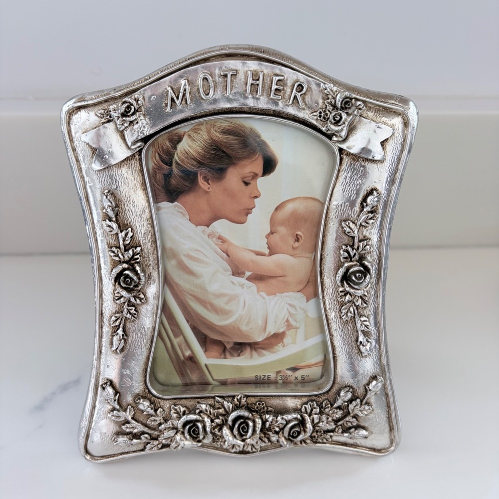 Vintage‎ Silver Tone Mother Rose Floral Picture Frame 3.5x5 Tabletop Wall Decor